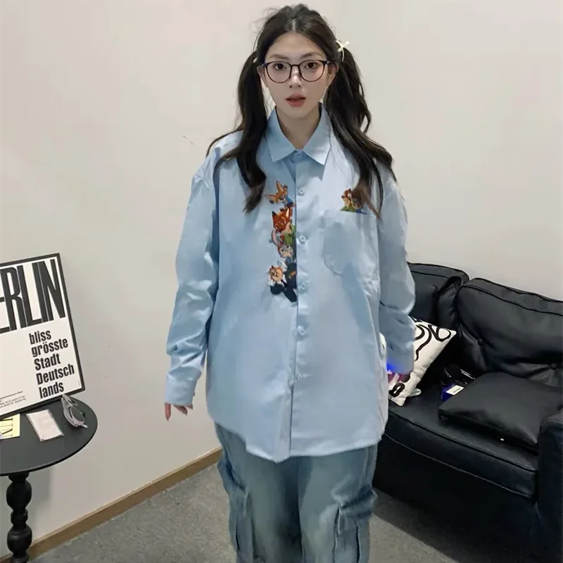 Lente Zomer Nieuw Shirt Creatief Plezier Cartoon Borduren Blouse Amerikaanse Stijl Trendy Casual Shirt Dames Dame