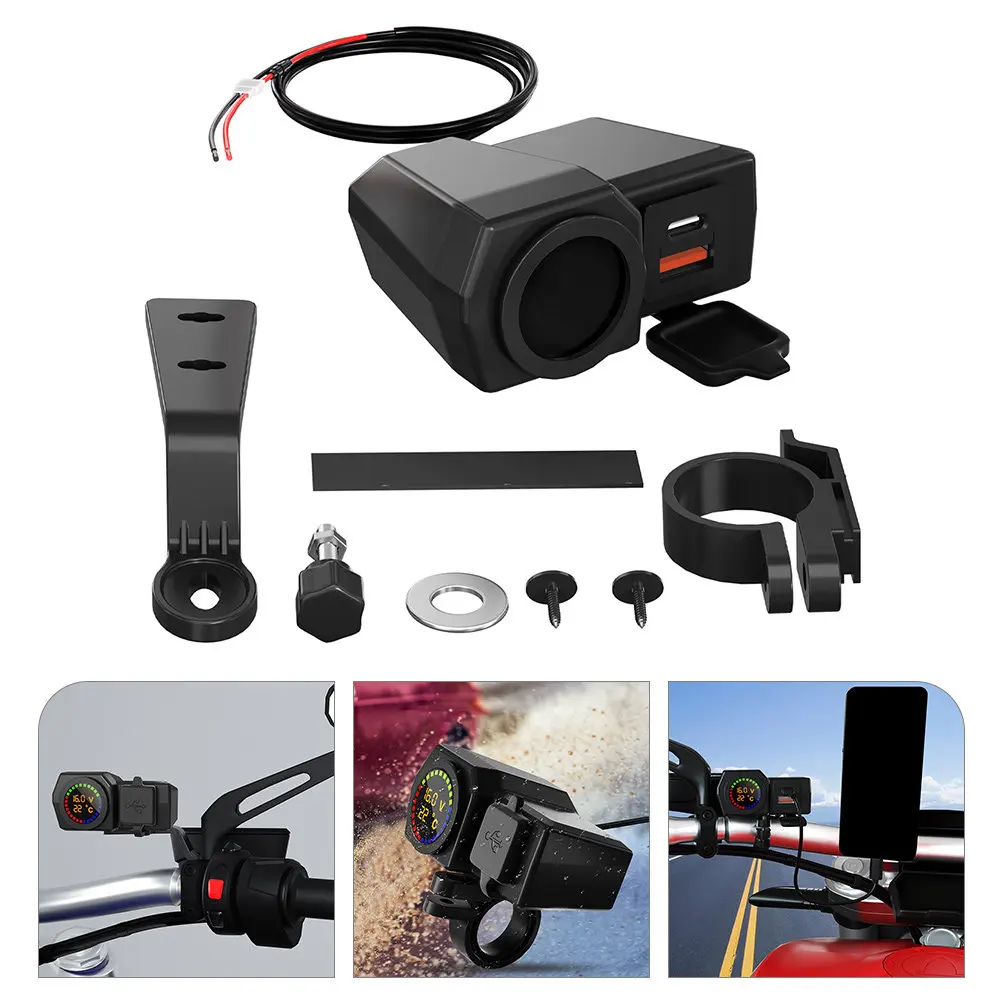 

Motorcycle Phone Dual USB Type-C Ports Handlebar Charging Adapter Voltmeter Thermometer 70cm Cord Fast Charging Device
