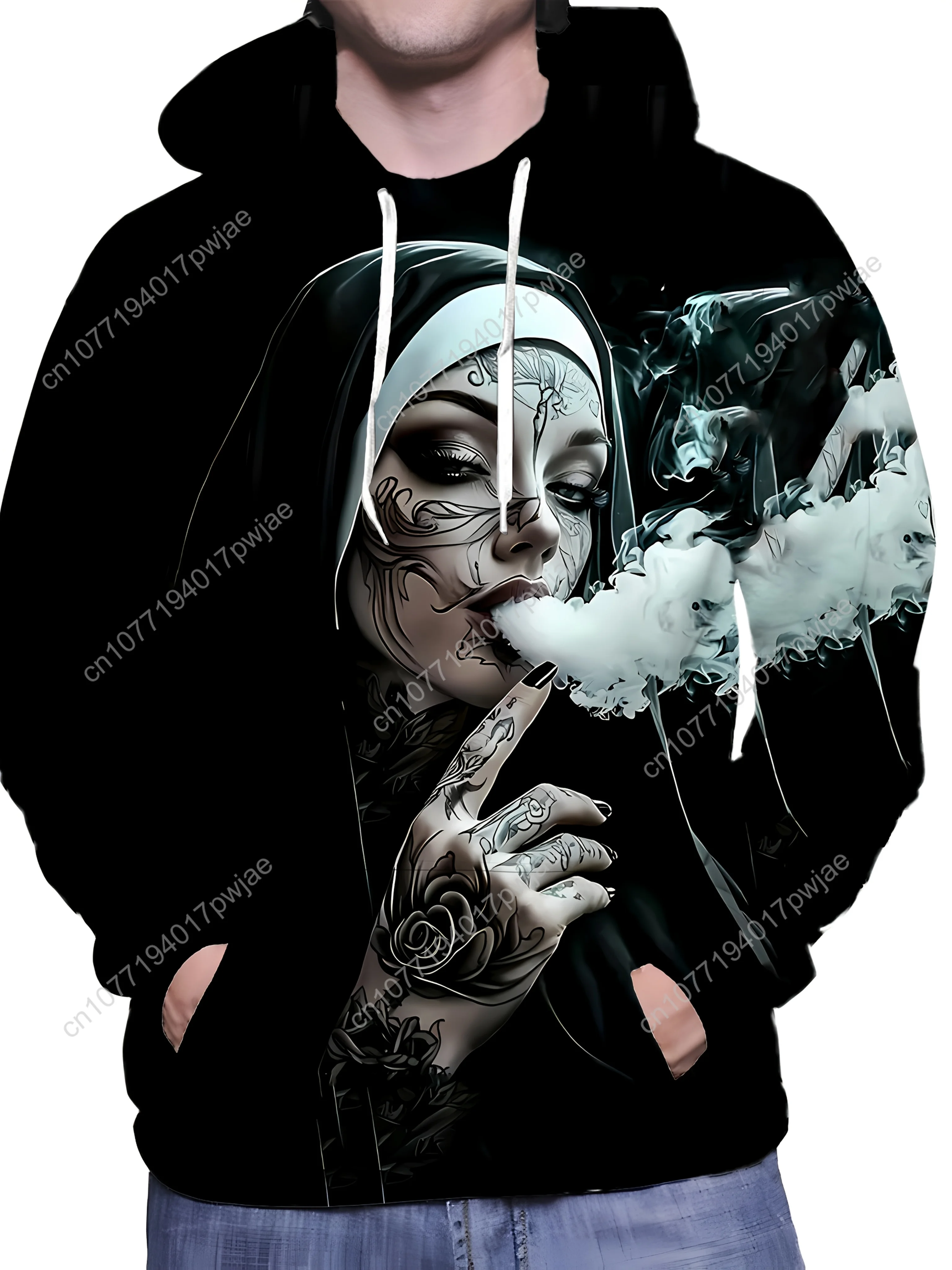 Sudadera con capucha gráfica 3D para hombre, color negro con diseño de tatuaje y cigarrillo blanco, sudadera informal, ajuste regular cómodo para Ca
