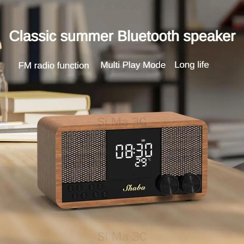 New Retro Bluetooth Speaker Wooden Home Use FM Radio Wireless Clock Alarm Classical Loudspeaker Subwoofer With Digital Display