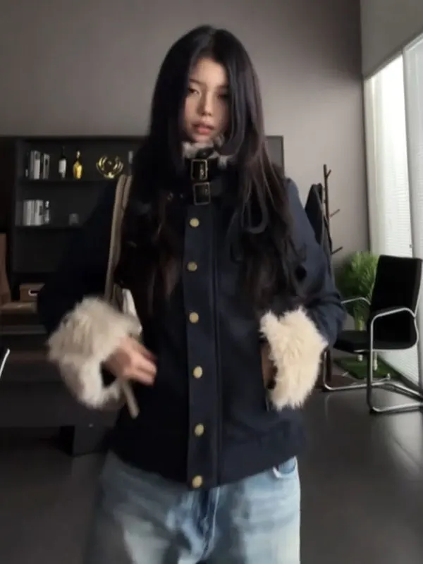 

Retro High-End f-High Collar Jaet ort Outerwear Slim-Fit Ele Winter Faion Women's Premium Quali Top