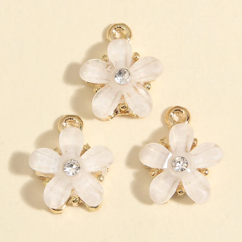 10pcs Gold Color 15x12.5mm Lovely Small Flower Crystal Charms Plant Enamel Pendant Fit Handmade Jewelry Making Finding Supplies