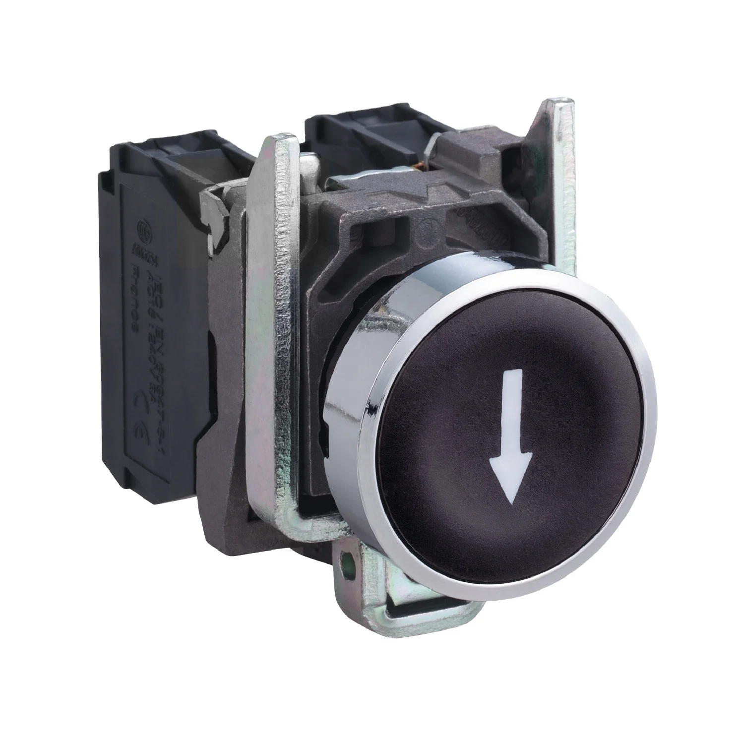 

XB4-BA3351 Black Push Button Switch 220VAC Marked White Down Arrow, Spring Return, 1NO