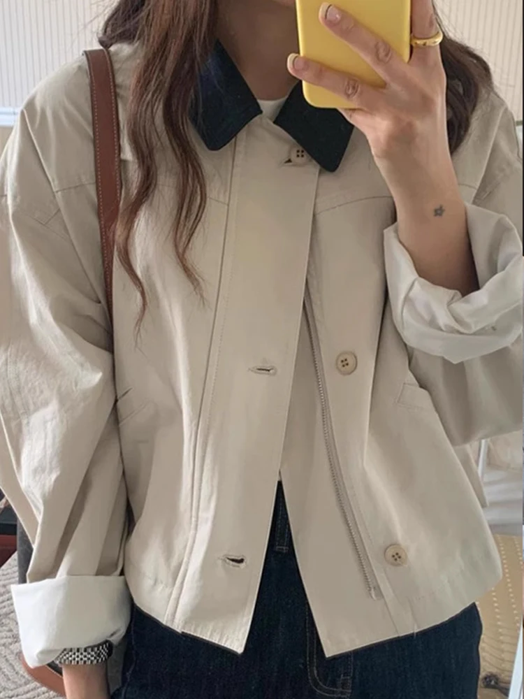 Retro Color Block  Collar Short Loose Women's Jacket Long Sleeve Autumn Winter Commute Style Workwear Coat Top