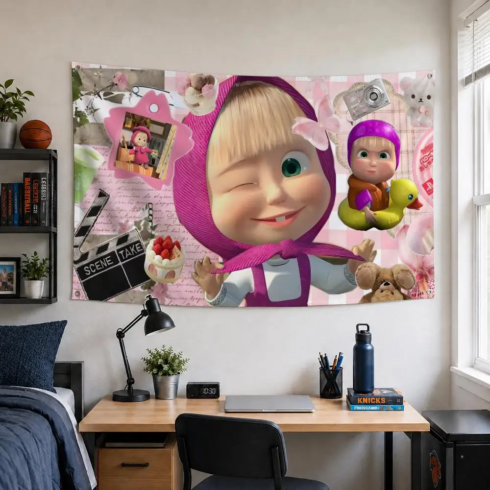 Cartoon Masha and the Bear Flags Home Yard & Garden Decor Banner - Indoor Outdoor Wall Hanging Flag
