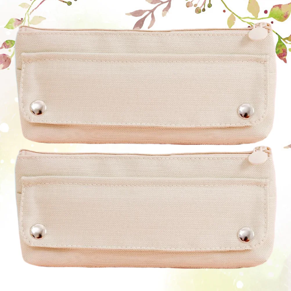 

2Pcs Oxford Fabric Pencil Case Beige Large Capacity Zipper Pen Box Travel Makeup Storage Pouch Pencil Case