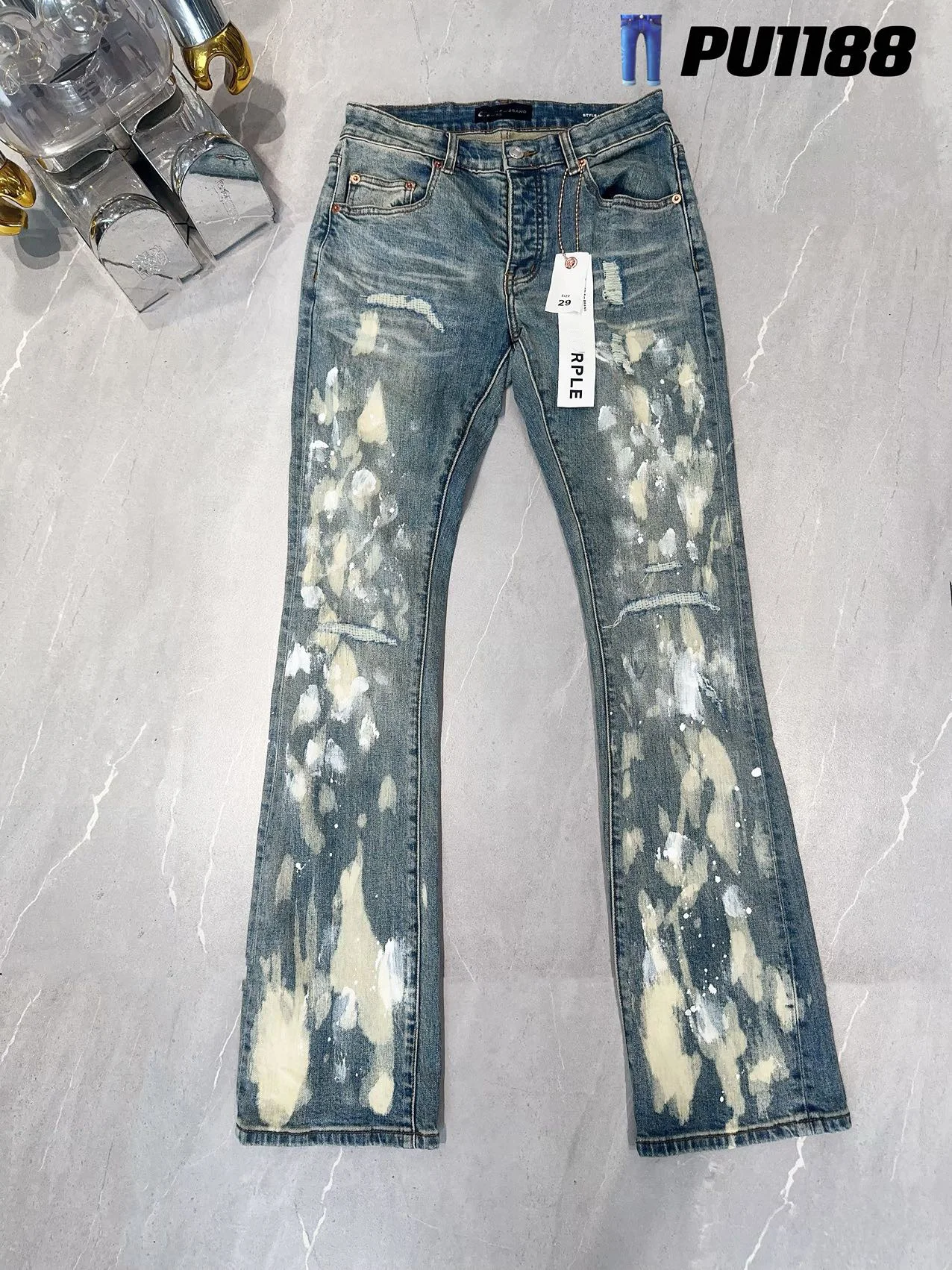 Newest Hand-painted Vintage Blue Men's Flared Pants Ripped Wash Slim Fit Denim Pants Male's Designer Colthes