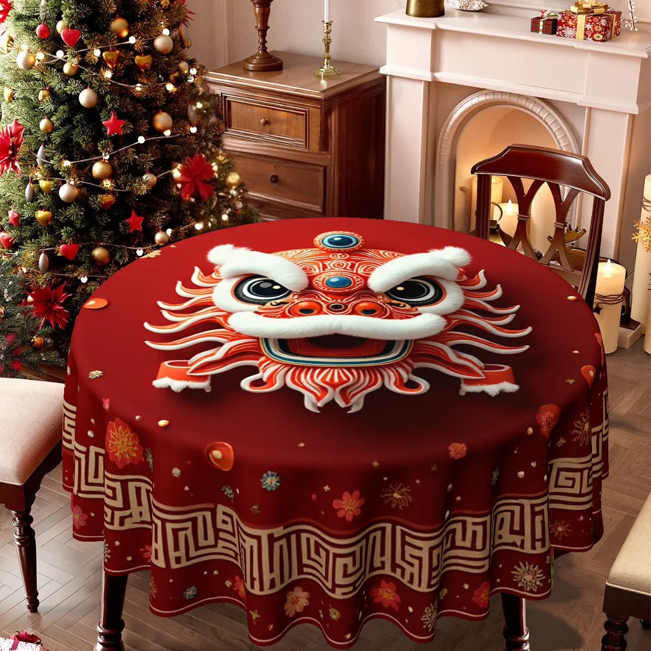 1 Christmas-themed tablecloth, Chinese lion dance head design, round decorative tablecloth suitable for family dining tables