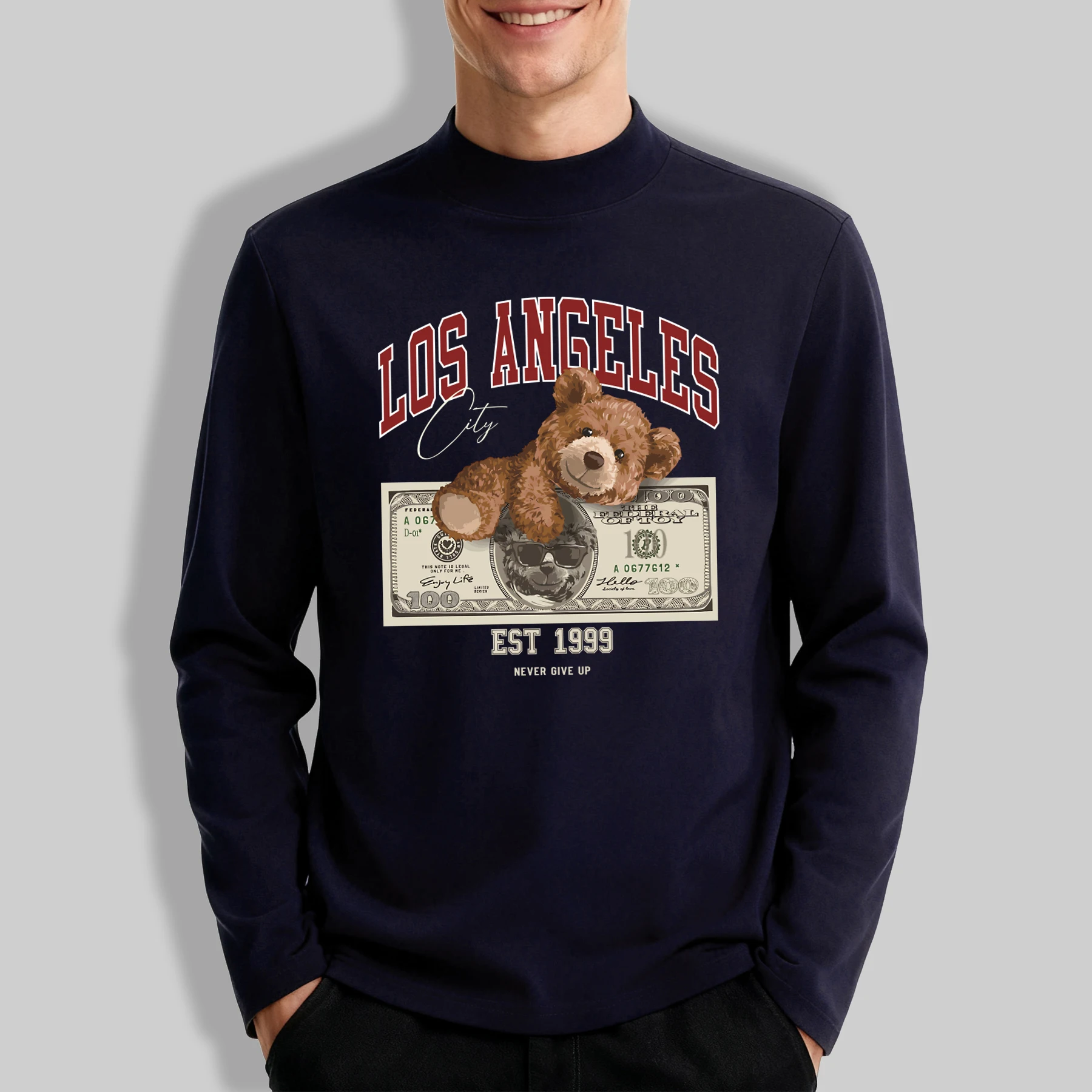 

Little Bear Holding Paper Moneymens Mock Neck Tee Vintage Clothes Autumn Soft Elasticity Top Fashion Unisex Basics Clothing