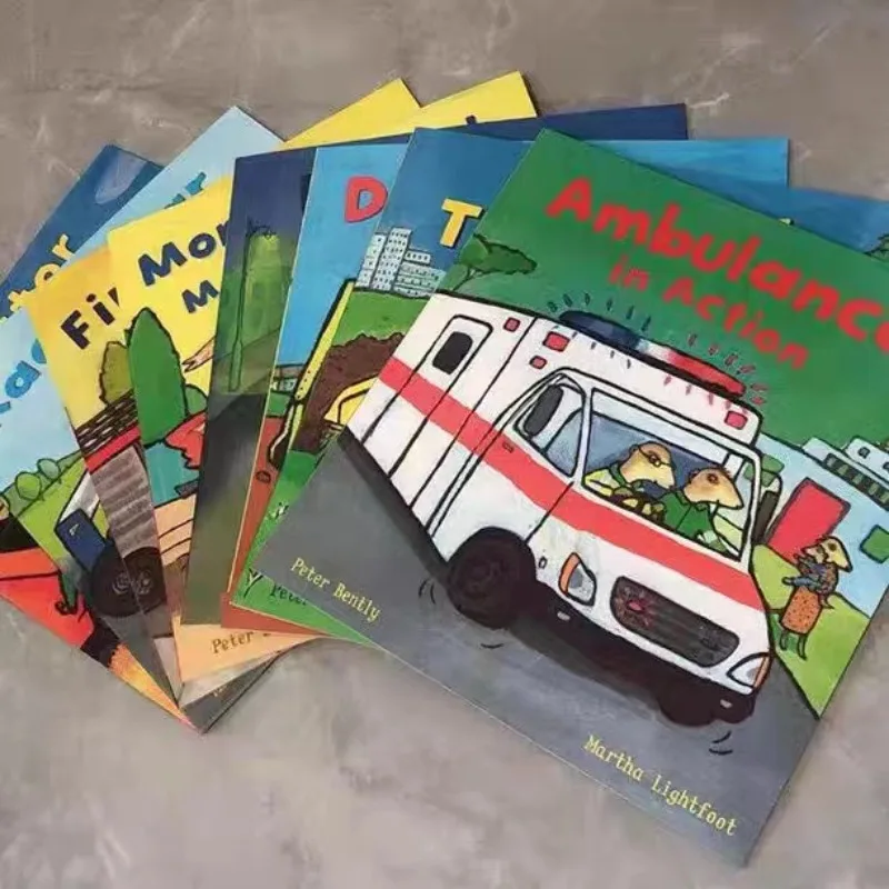 8 Books/Set Busy Wheels Excavator Fire Truck Racing Tractor Ambulance English Picture Story Book Boy Kids Knowledge Education