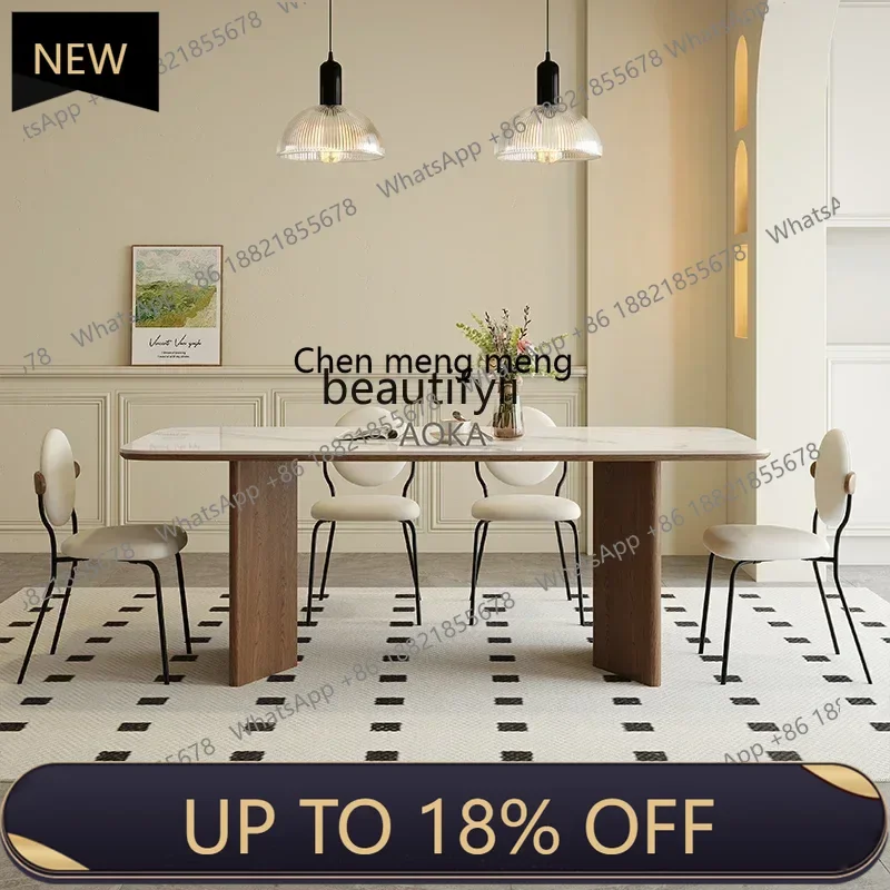 

P178 lFrench cream solid wood rock slab dining table and chair combination retro black walnut rectangular table