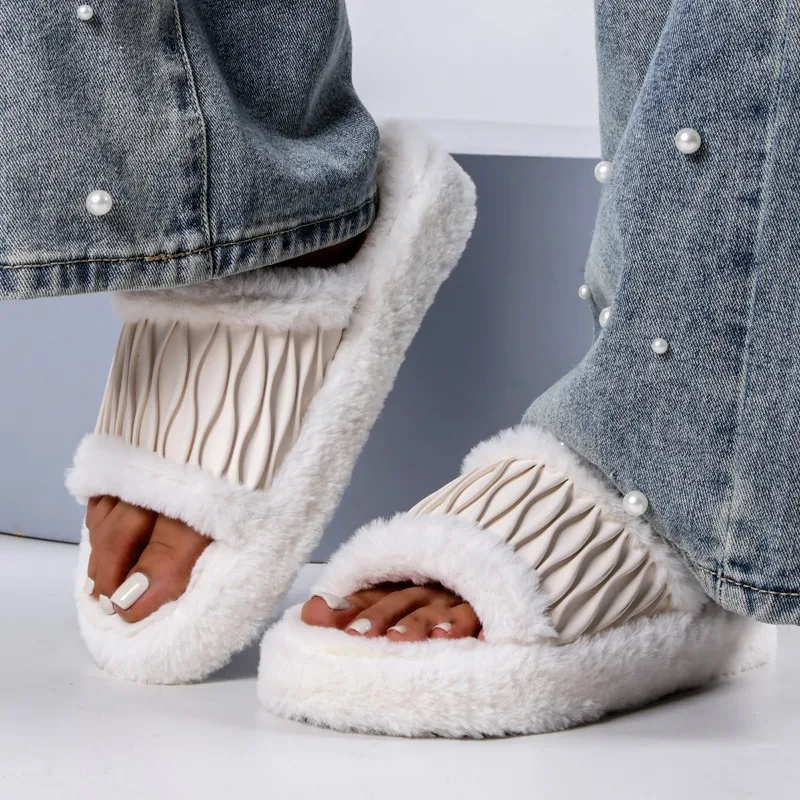 Women Corduroy Cross Strap Home Slippers Men Soft Warm Flat Slides Family Indoor Fashion Concise Plush Sandals for Four Seasons