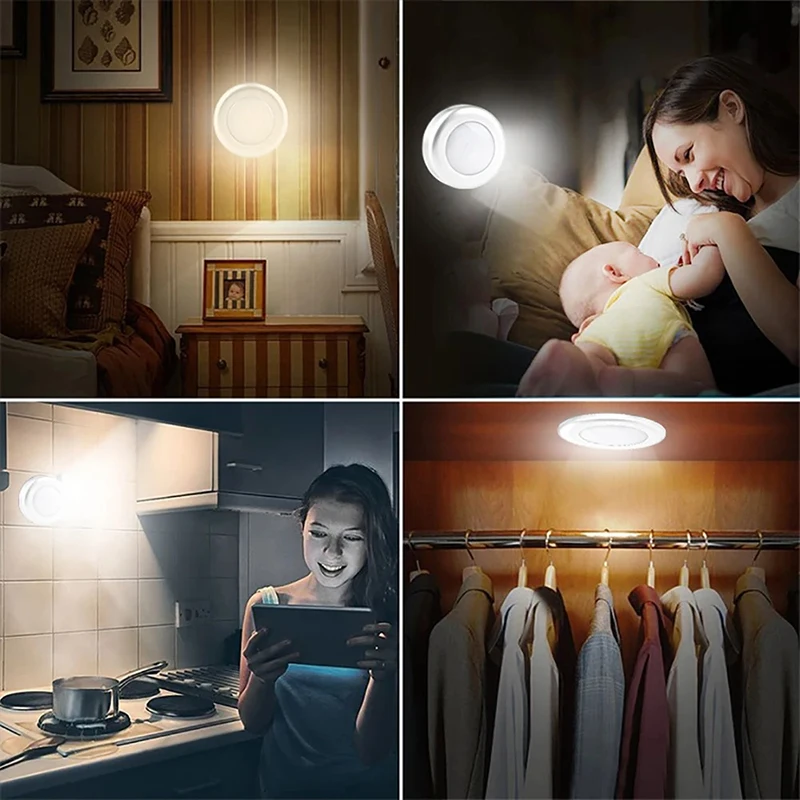 Stick On Wall Lights 3.5W Cute Led Push lights Stepless Dimming Battery Powered Stick on Night Light for Closets Counters