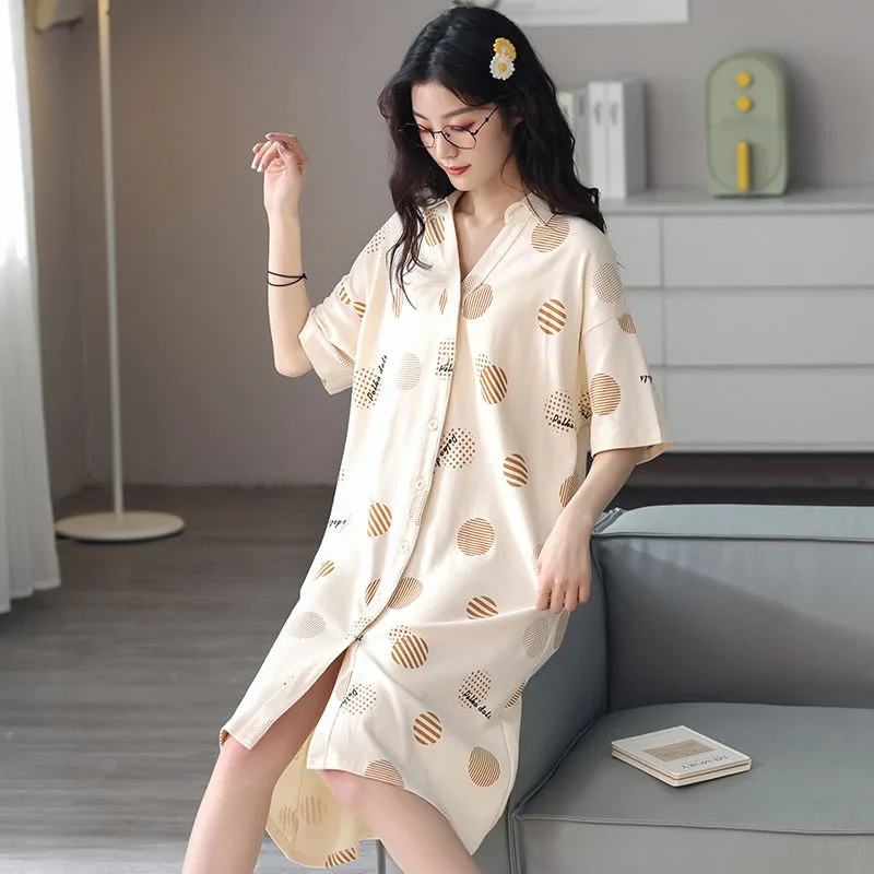 

Night Dress Women's Summer Pure Cotton Nightgowns Cardigan Thin Short Sleeved Mid Sleepskirt Loose Casual Girls Home Clothing