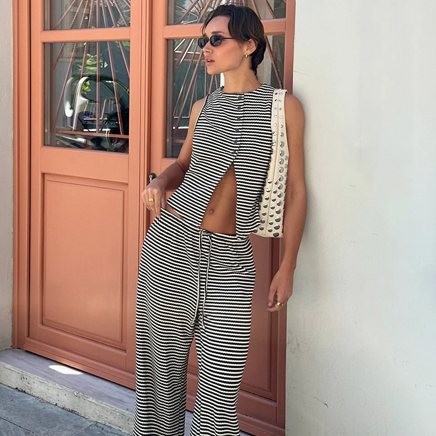 

Linad Summer Stripe Knit Suits Casual Sleeveless Tank Top And Loose Trousers 2 Piece Sets Women Streetwear Button Up Top Outfits