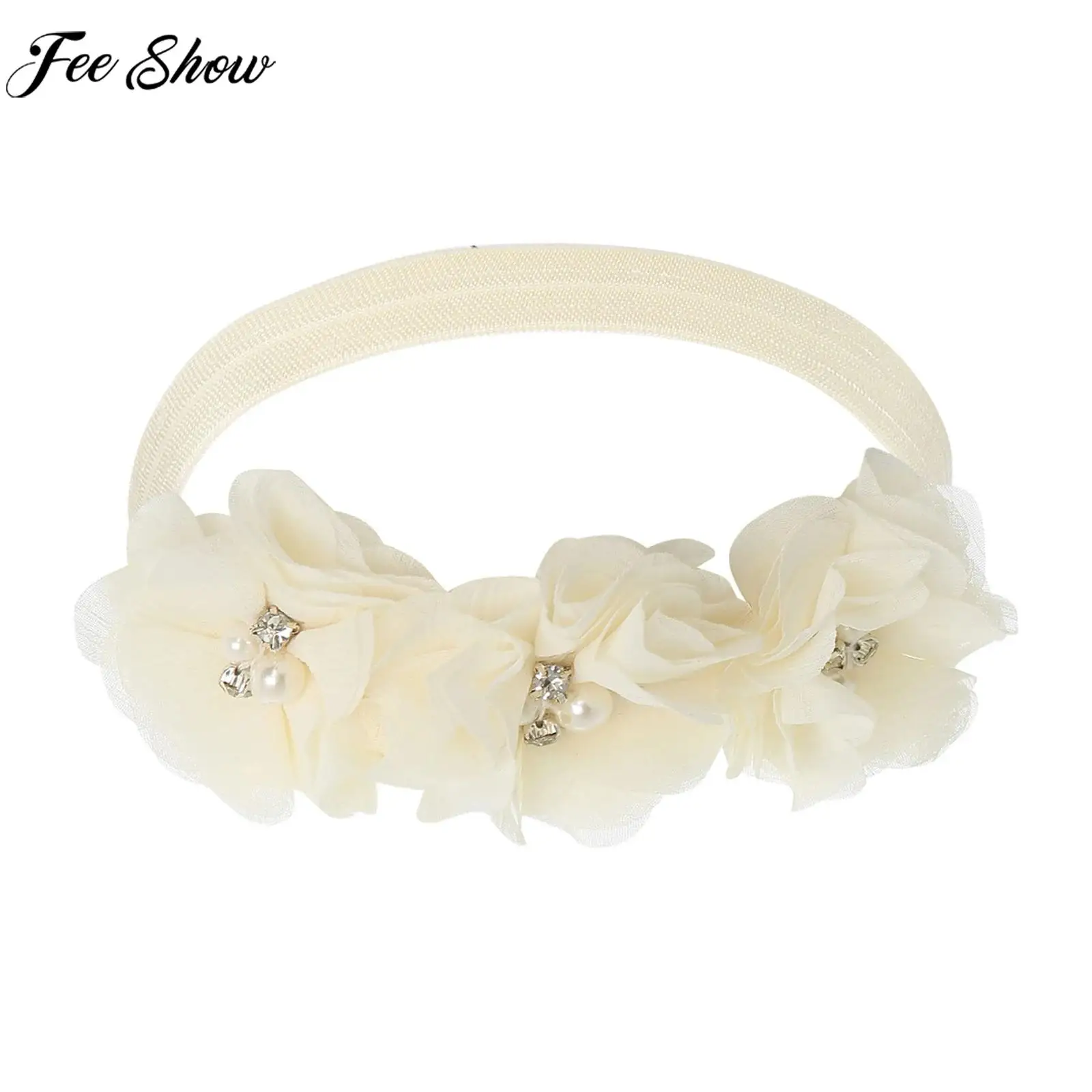 Baby Girls Cute Flower Headband Photography Prop Soft Nylon Elastic Hair Band Headwear for Daily Baptism Birthday Wedding Party