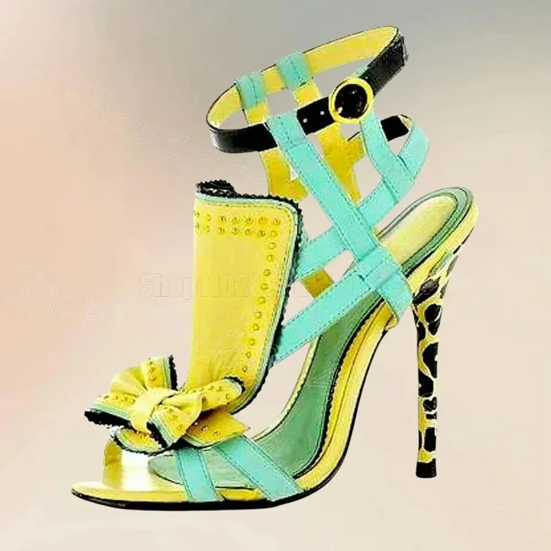 

Dairy Cow Print Bow Knot Rhinestone Sandals Buckle Strap Women Shoes Thin High Heels Open Toe New Party 2025 Zapatos Para Mujere