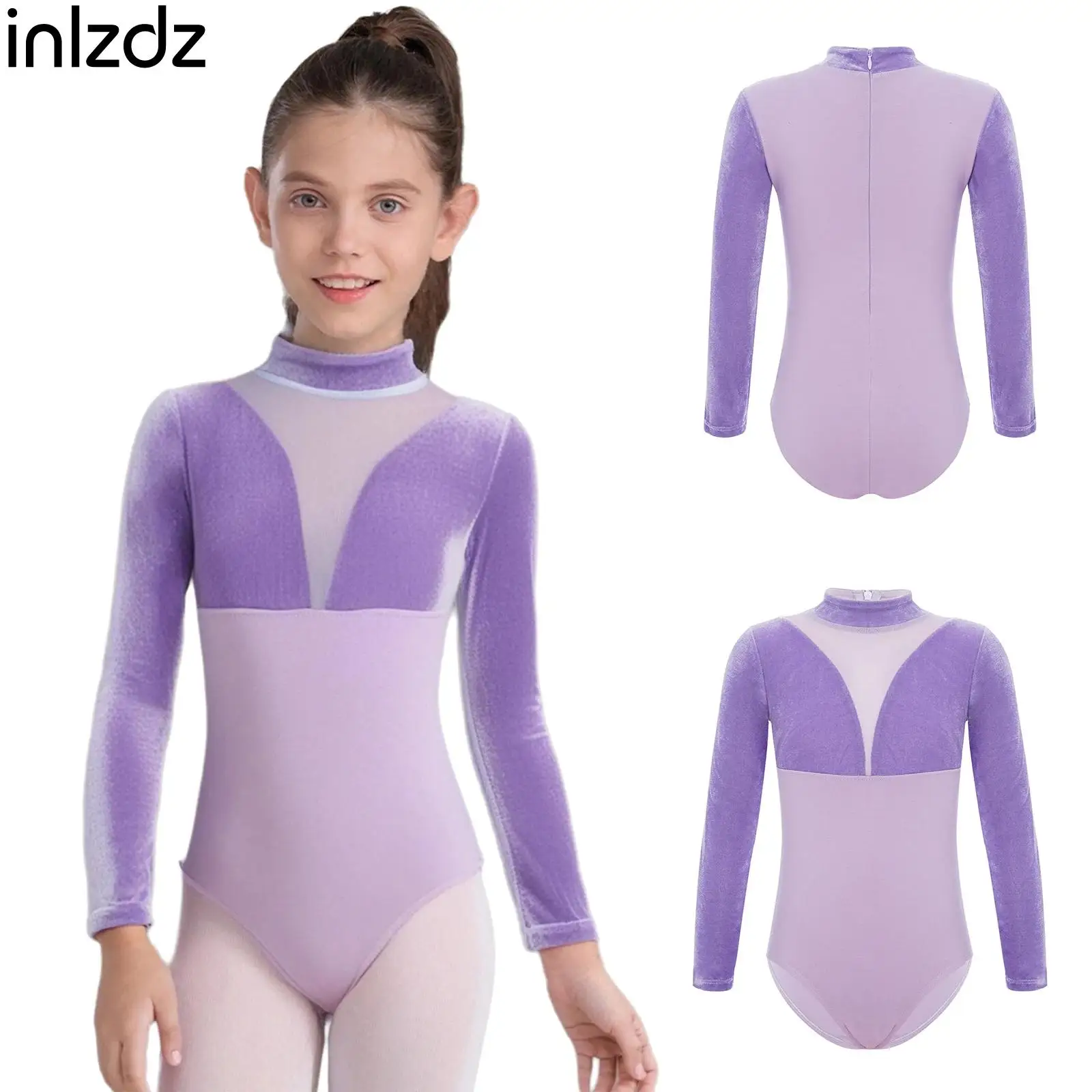 十代の女の子綿体操レオタードバレエダンスユニタード長袖ジッパーベルベットメッシュバレエダンスボディスーツパフォーマンスウェア