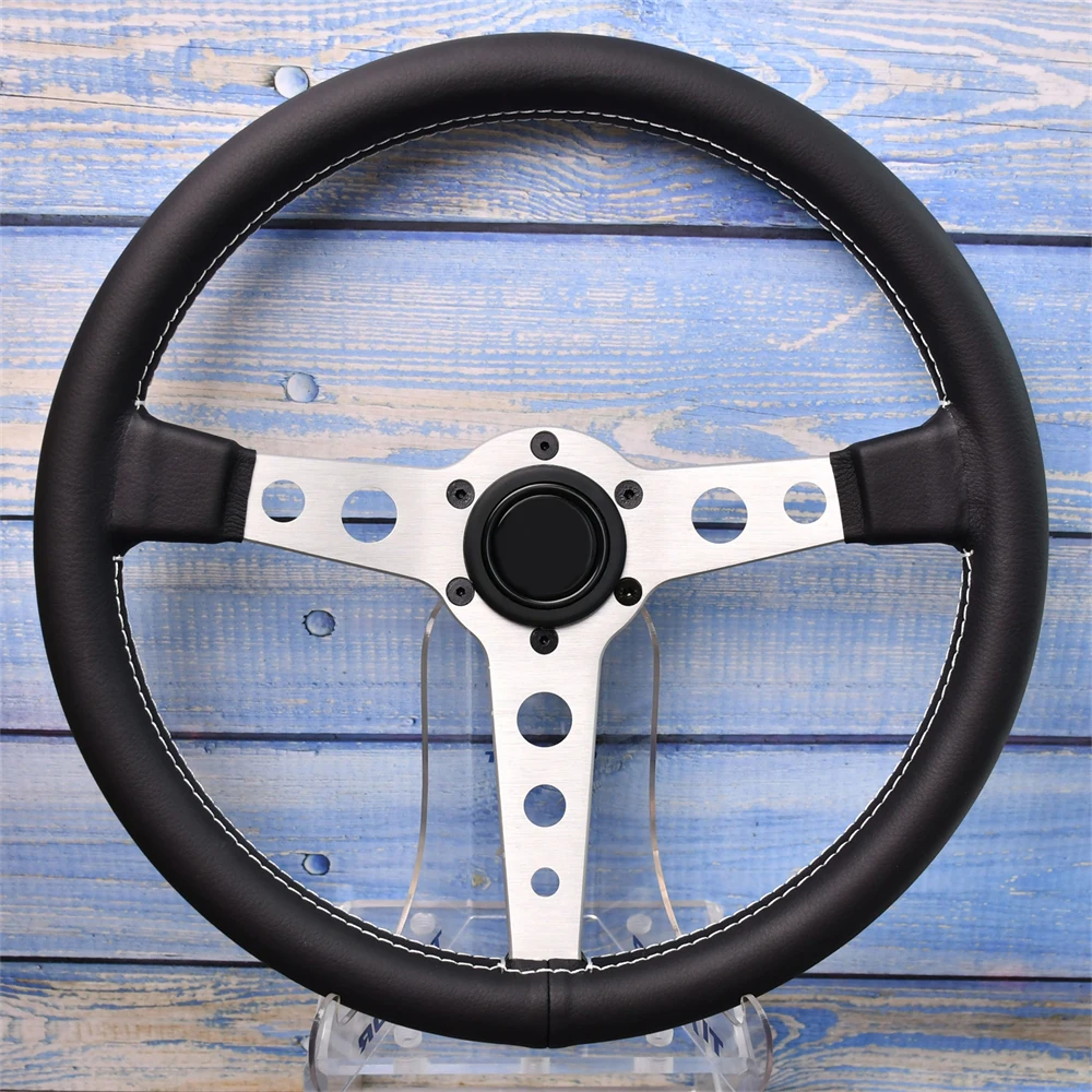 

350mm 3 Spokes Flat Modified Steering Wheel Silver Round Hole Bracket Drift Simulation Racing Steering Wheel for Game