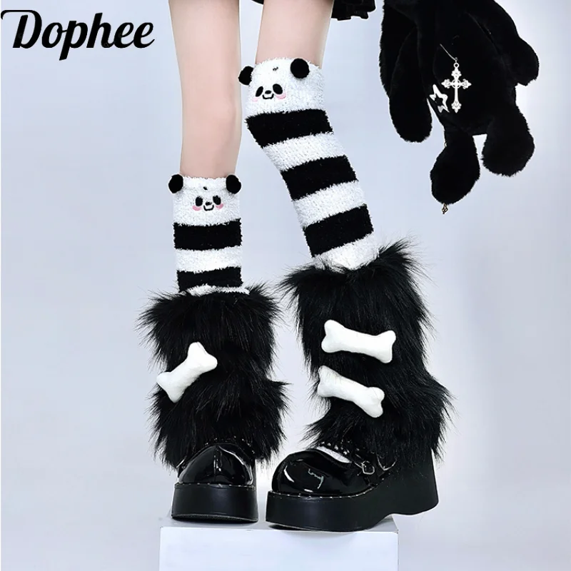 Dophee Original Cute Fluffy Women Leg Warmers Subculture Y2k Punk Bone Autumn Winter Knee Socks Panda Stripes Foot Covers Warm