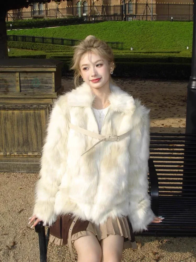 Korean Sweet Faux Fur Exquisite Socialite Winter Warmth Coat Fashion Belt Buckle Temperament Gentleness Gradient Color Topcoat