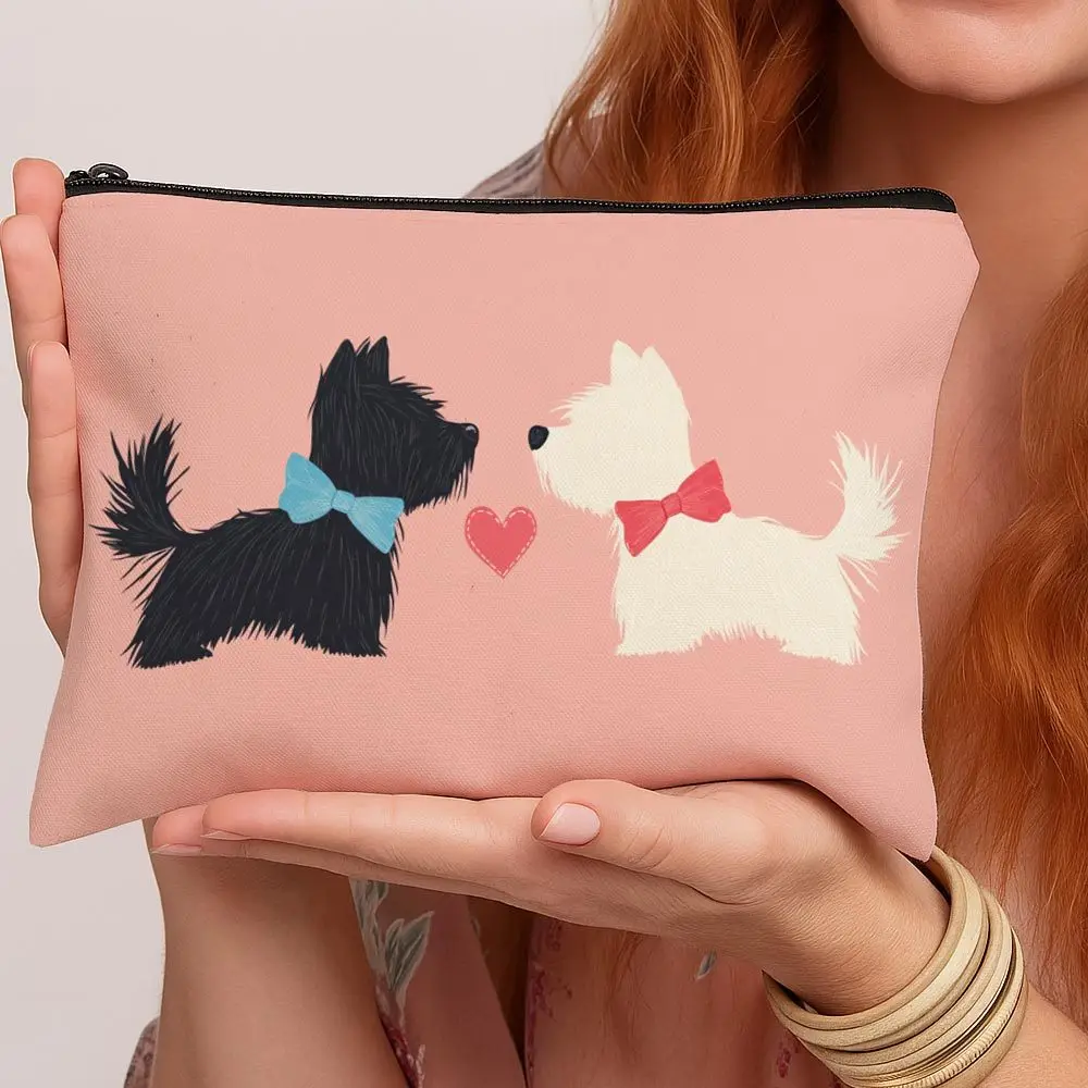 Estuche de cosméticos con diseño de Westie Terrier Dog Couple Love, neceser de viaje con cremallera rosa y bonito diseño de West Highland Terrier, bolsa de maquillaje