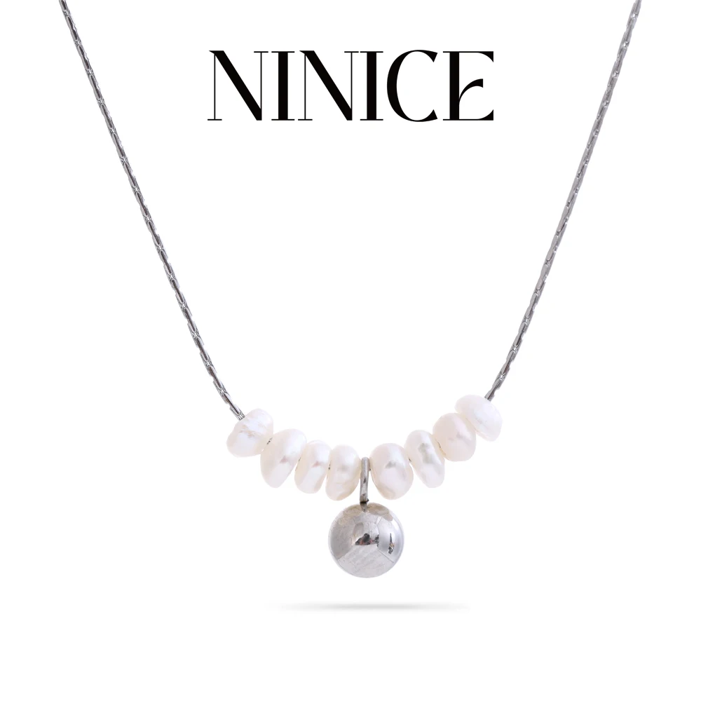 NiNice Luxury Natural Freshwater Pearls Round Pendant Necklace for Women Stainless Steel Thin Chain Trending Jewelry