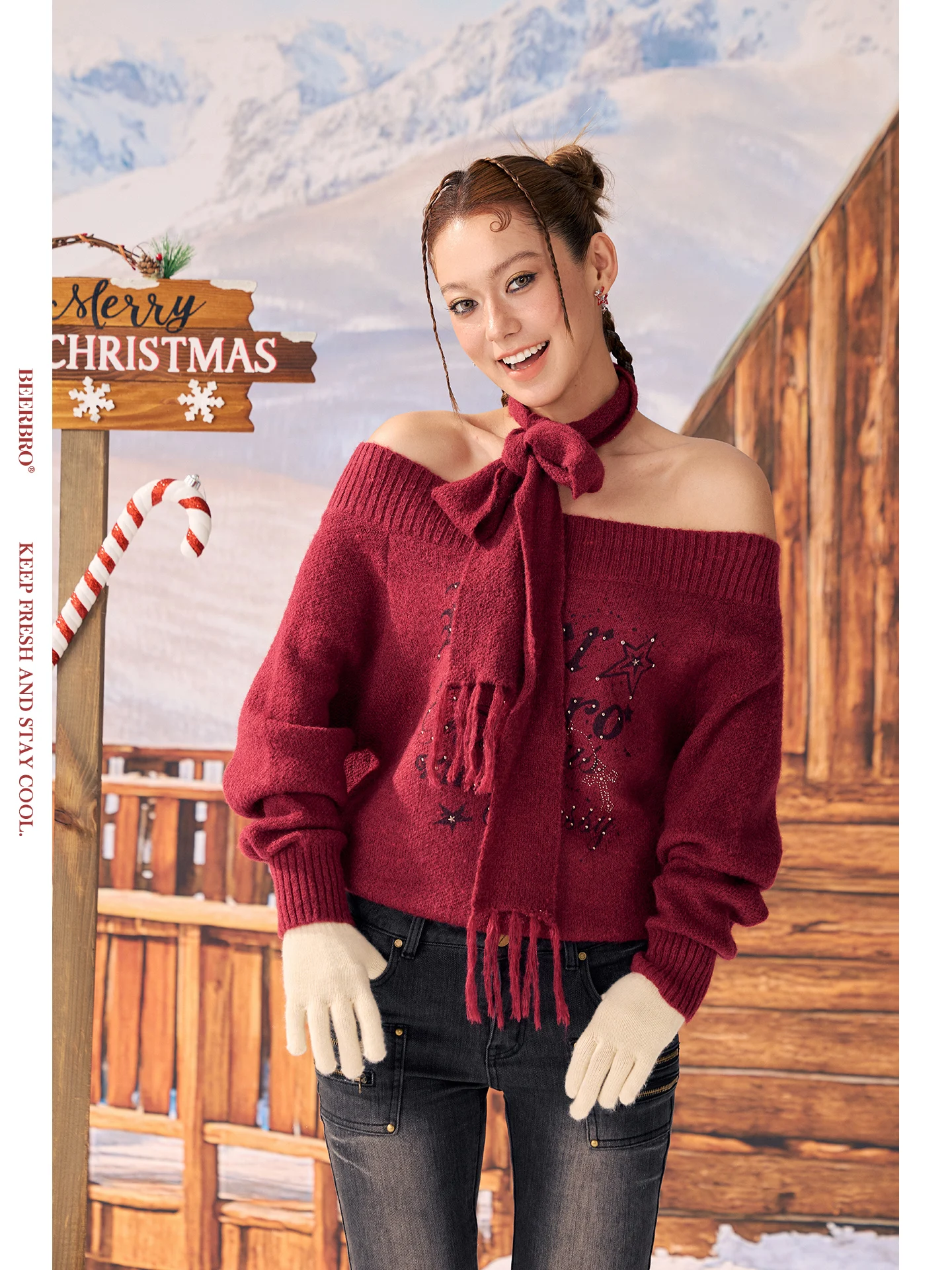 

BeerBro Rebellious Holiday Comfortable Skin-Friendly Woolen Sweater oulder-Strap Letter Print Street-Sle Loose Fit Women'...