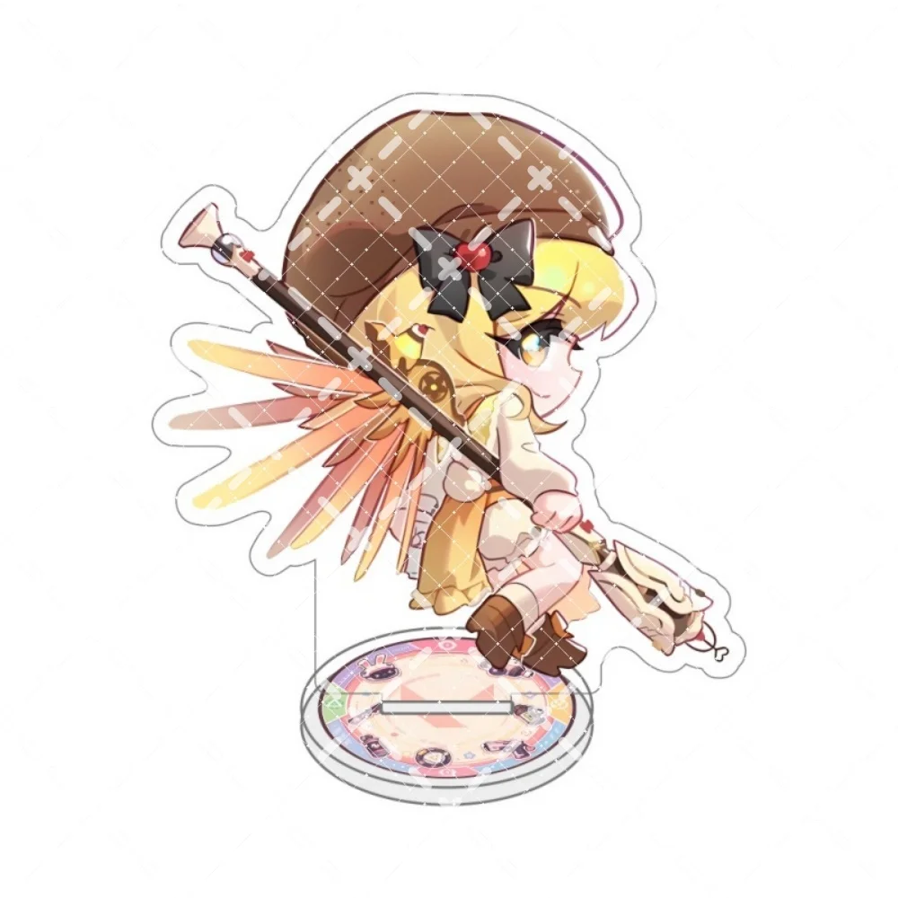 Overwatch Mercy Cute Chibi Acrylic Figure Stand Keychain, Blonde Hat Bow Wings Magic Staff Tabletop Ornament Fans Gift