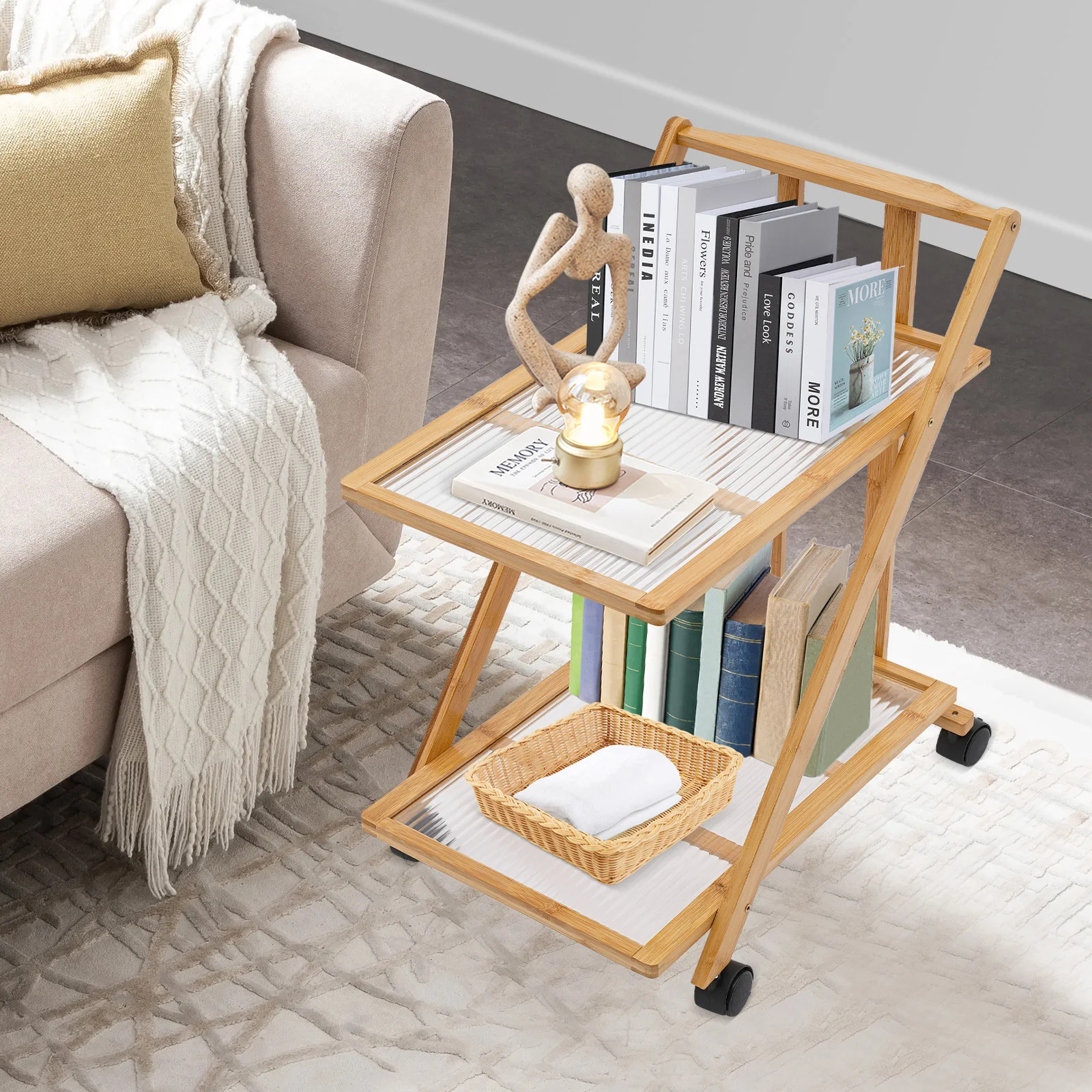 Book Cart Rolling - 2 Tier Rolling Cart Bamboo Foldable