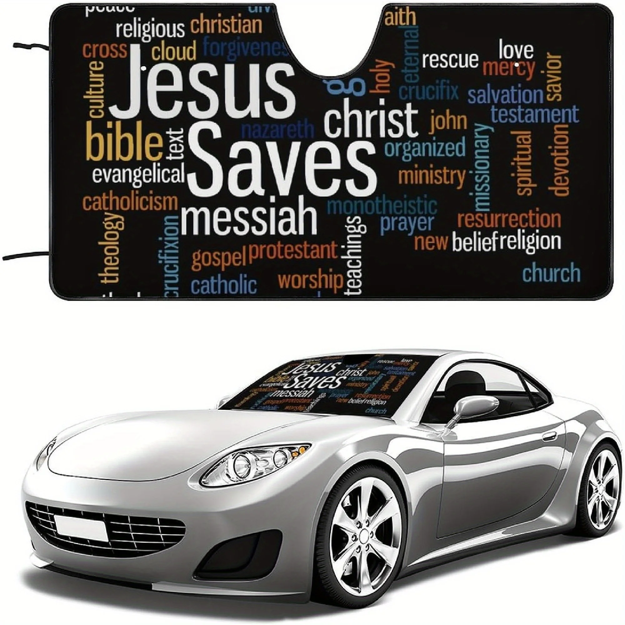 

Christian Gift - Sun Shade Visor Cover For Car Front Window With Jesus Saves Bible Verses - Protects Against Heat And Sun, Keepi
