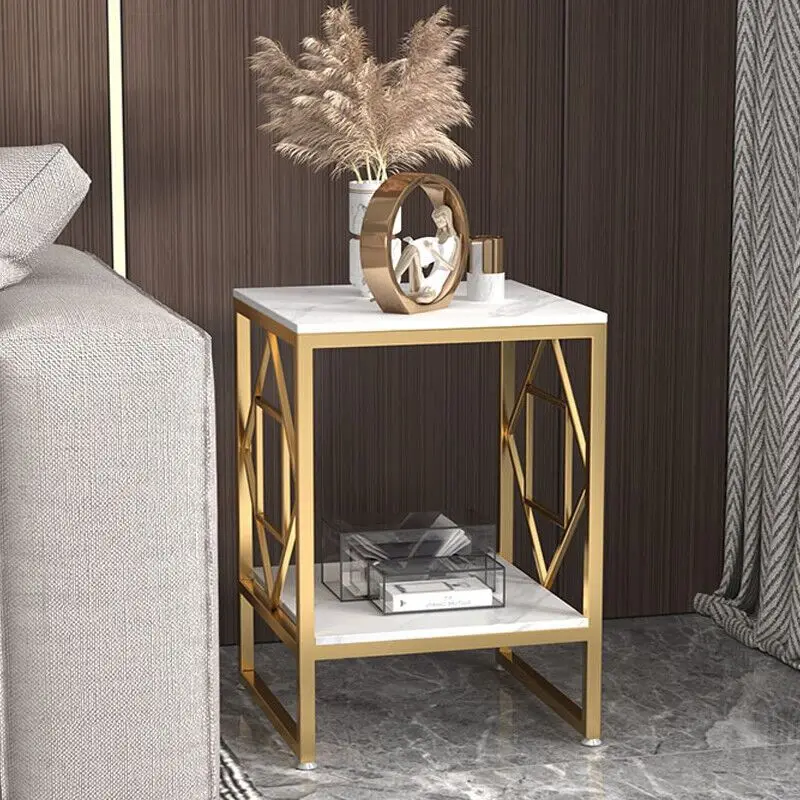 

2 Tier Bed Side Accent Marble Table Living Room End Table Glossy Gold Nightstand