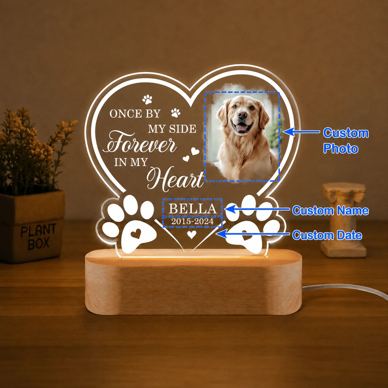 Personalized Dog Memorial Night Light Custom Photo Name Date Acrylic Plaque Pet Loss Sympathy Remembrance Gift