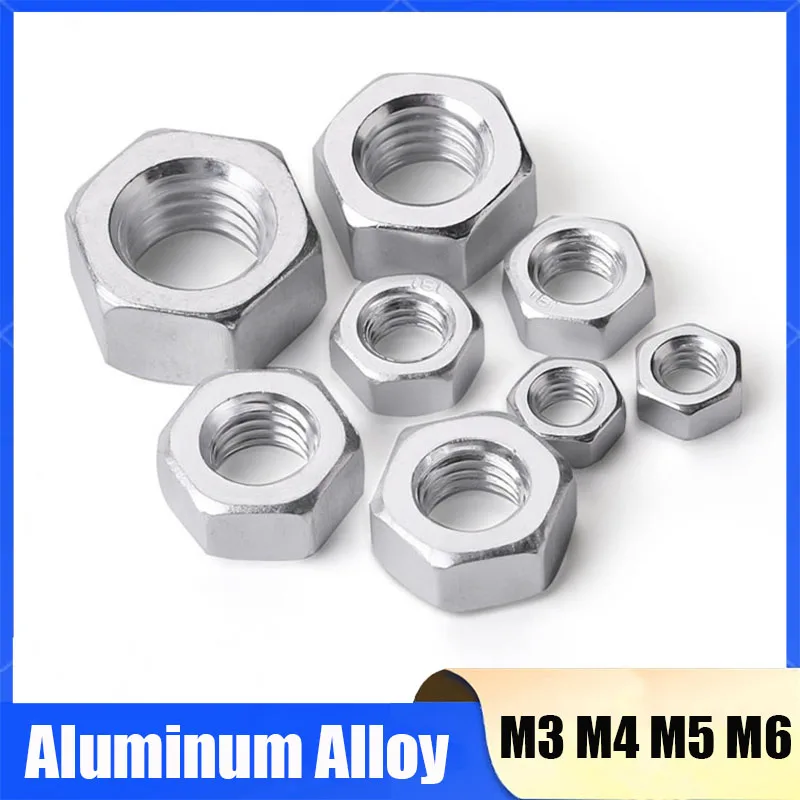 10-500Pcs/Lot 6061# Aluminum M3 M4 M5 M6 Hex Hexagon Nut For 3D Printing DIY Machinery Automation Machinery Assembly Fasteners