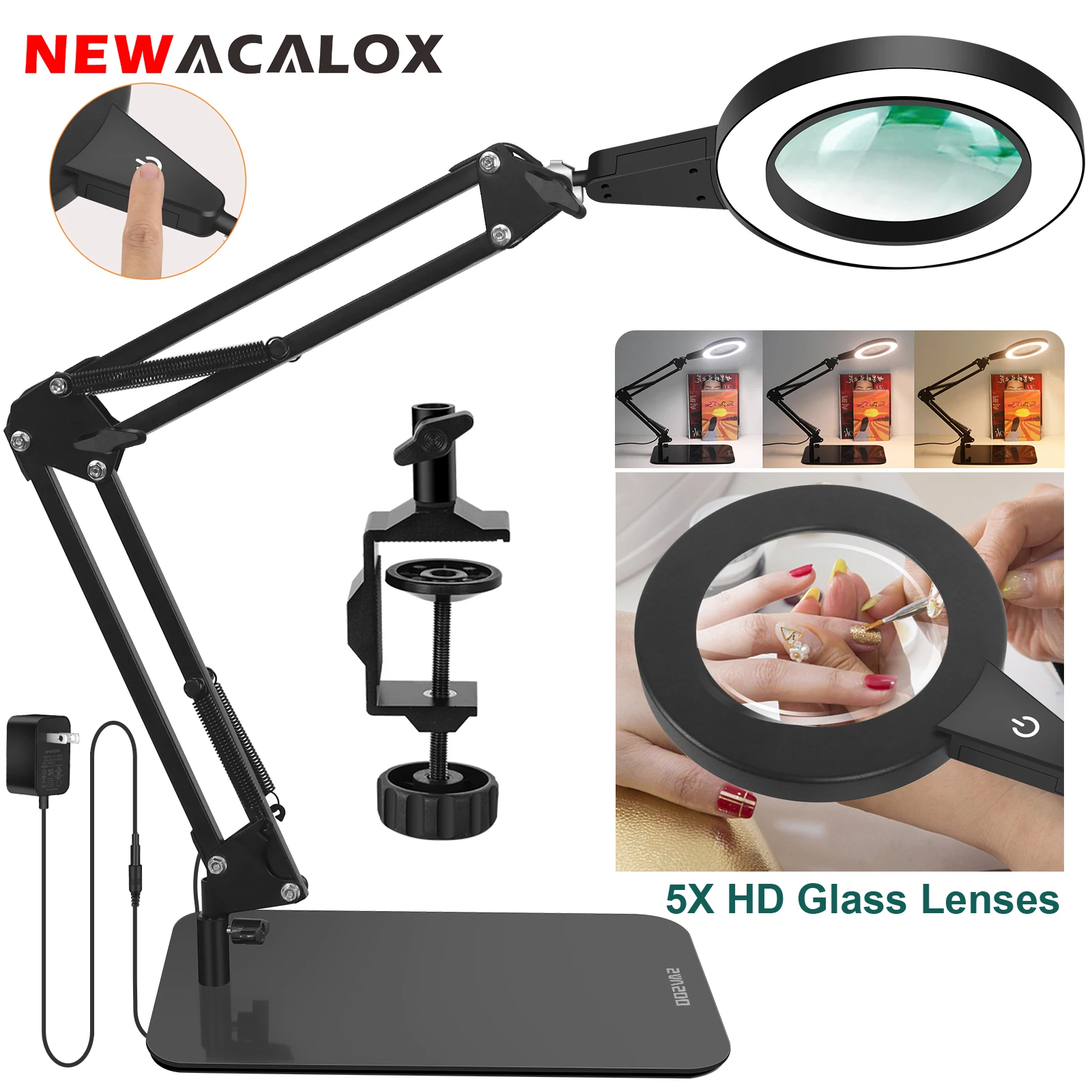 NEWACALOX 5X Magnifying Glass with 108 LEDs Touch Button Desk Lamp 12W Reading Lamp Folding Magnifier Lamp Bedside Table Light