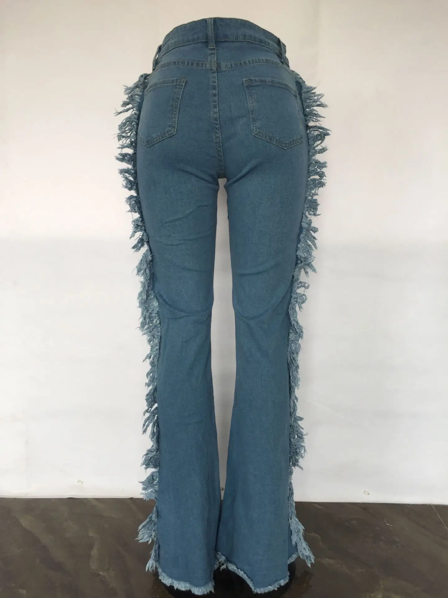 2022 New Women\'s Sexy Tassel Bandage Jeans High Waist Lace Up Cotton Jeans Blue Black