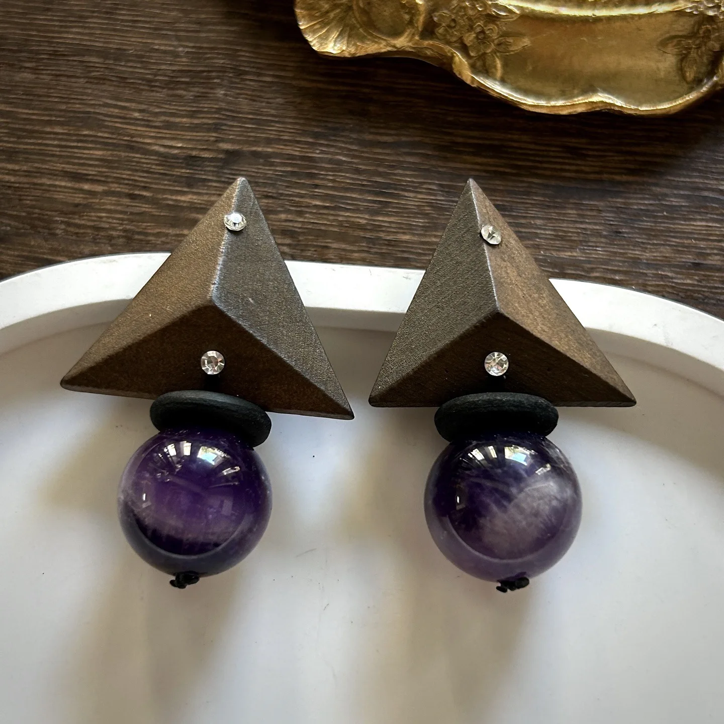 Geometric pyramid wooden handmade niche dark wind earrings natural mystery dream purple water ball earrings