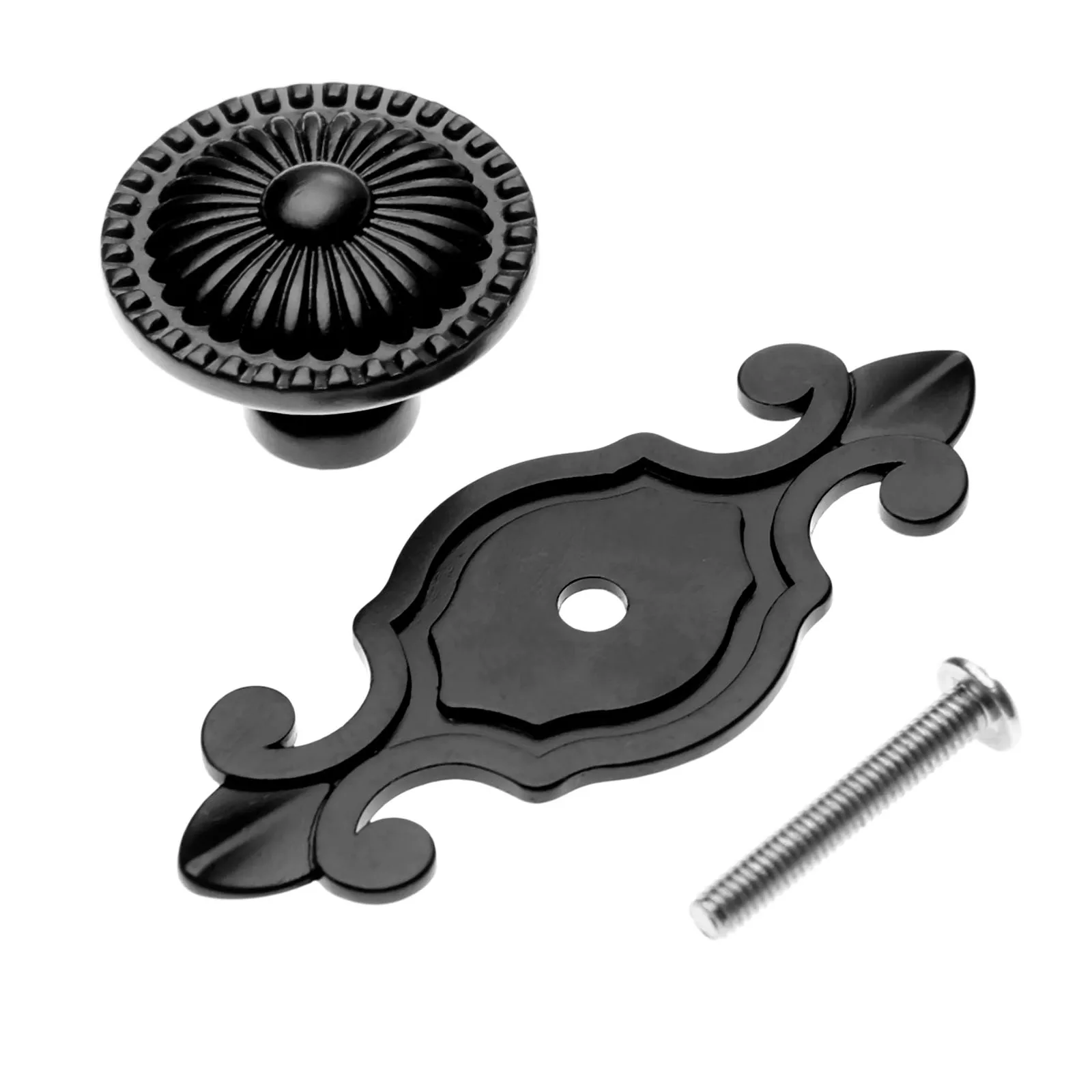 1 Set Black 2 in 1 Retro Metal Knob Pull Handle Kitchen Cabinet Knobs Pulls with Backplate for Antique Dresser Drawer Decoration