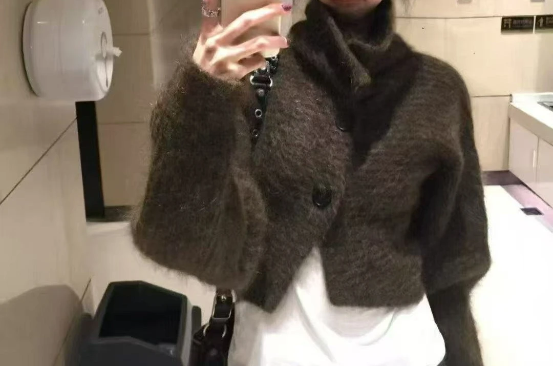 

Casual Knitted Lapel Sweater Cardigan Turtleneck Jacket Short Loose Top