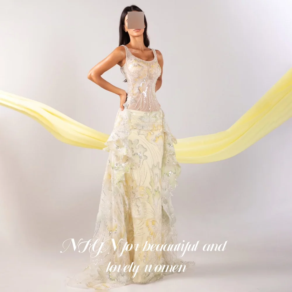 NFYN Dreamy Pale Yellow Spaghetti Strap Evening Dress Beaded Floral Mermaid Prom Gown Long Ruffle Train Party Dresses Customized
