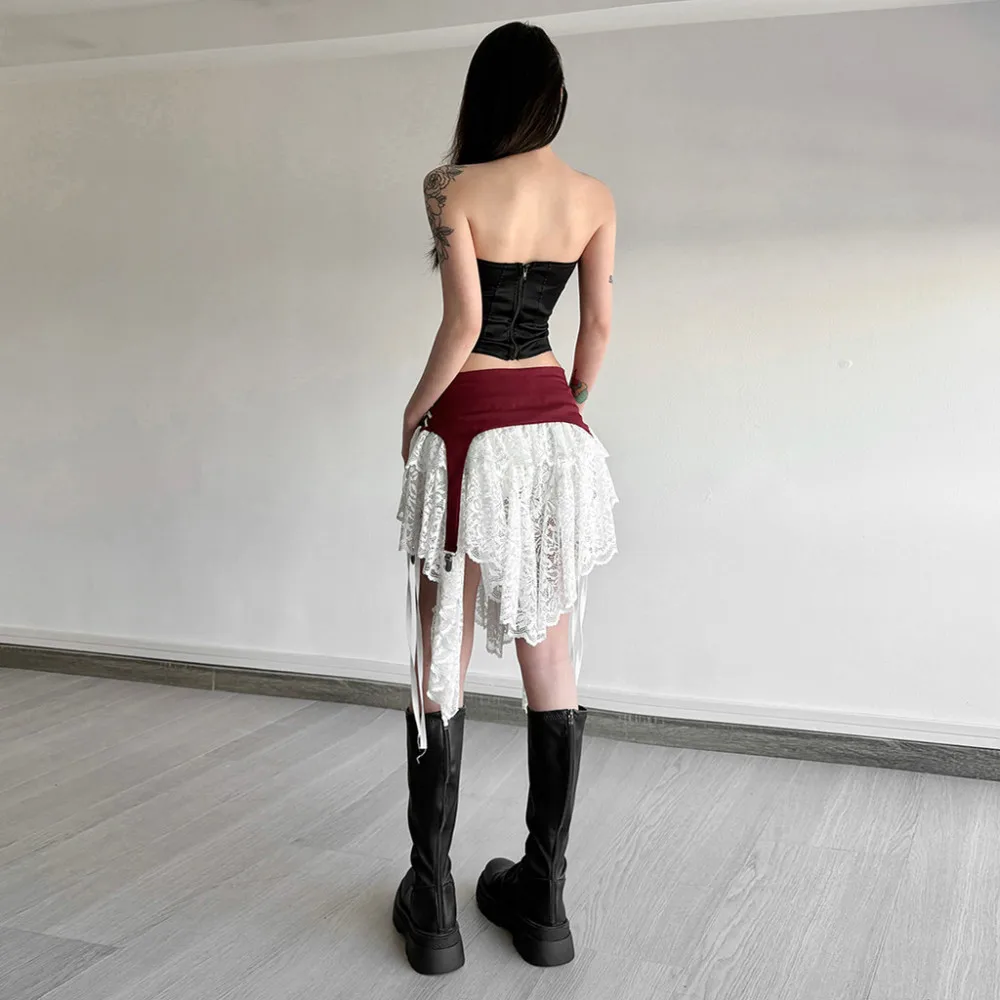 SylCue Contrast Patchwork Skirts Women High Waist Irregular Mesh Ribbon Street Fashion Sweet Style Elegant Skinny Mini Bottoms