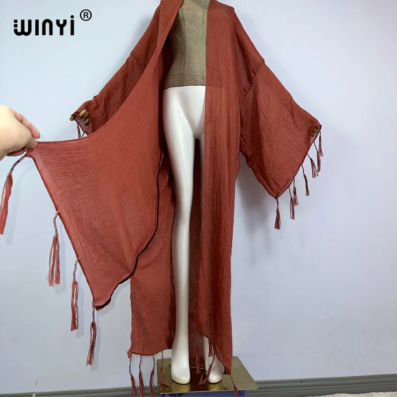 WINYI kimono Africa coat fashion kaftans beach cover-ups Fringed monochrome cardigan beach outfits for women vestidos para playa