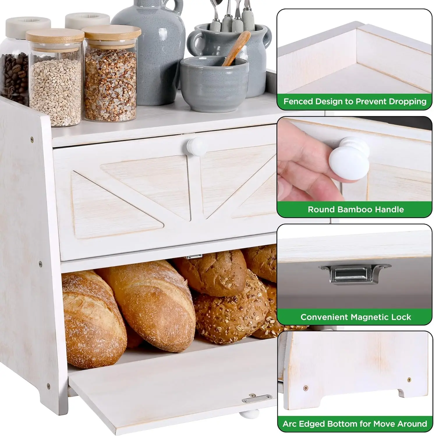 Vintage Double Layer Bamboo Bread Box, Large Capacity Kitchen Storage Container for Homemade Bread (White)