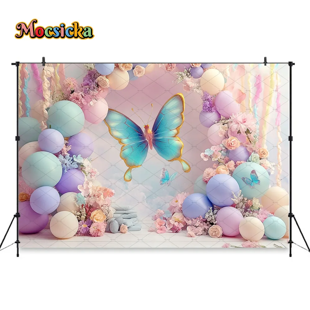 子供のためのケーキスマッシュ写真の背景、甘い蝶、ピンクのアーチ、風船の壁、女の子のための花の背景、1歳の誕生日、フォトゾーン