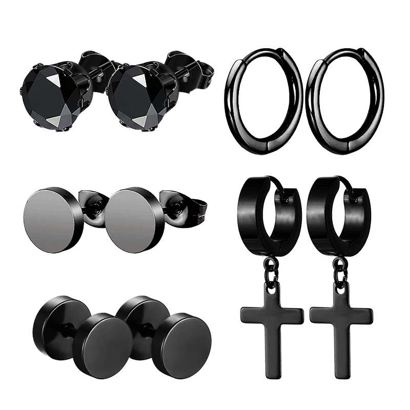 1/5 Pairs Different Types Shape Unisex Black Color Stainless Steel Piercing Earring for Women Men Punk Gothic Barbell Earring