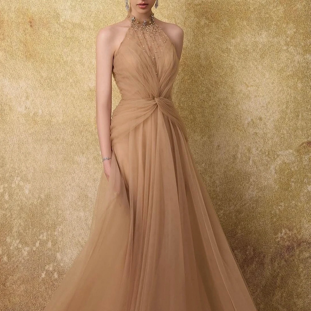 

Customized Halter Neckline Champagne Tulle Evening Dress Backless Draped A-line Crystal Party Dress Floor Length Prom Gown