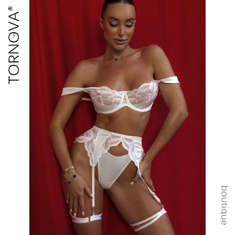 

Tornova Erotic Lingerie Solid Color Hollow Out Patchwork See-through Sexy Body Shaping Luxurious Pure Desire Women Underwear Set