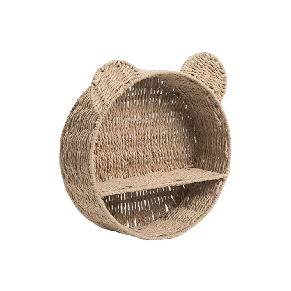 2 Tier Bear Ear Wall Mounting Shelf Handmade Cute Plant Display Storage Rack Decorative Imitation Rattan Storage Rack Kitchen