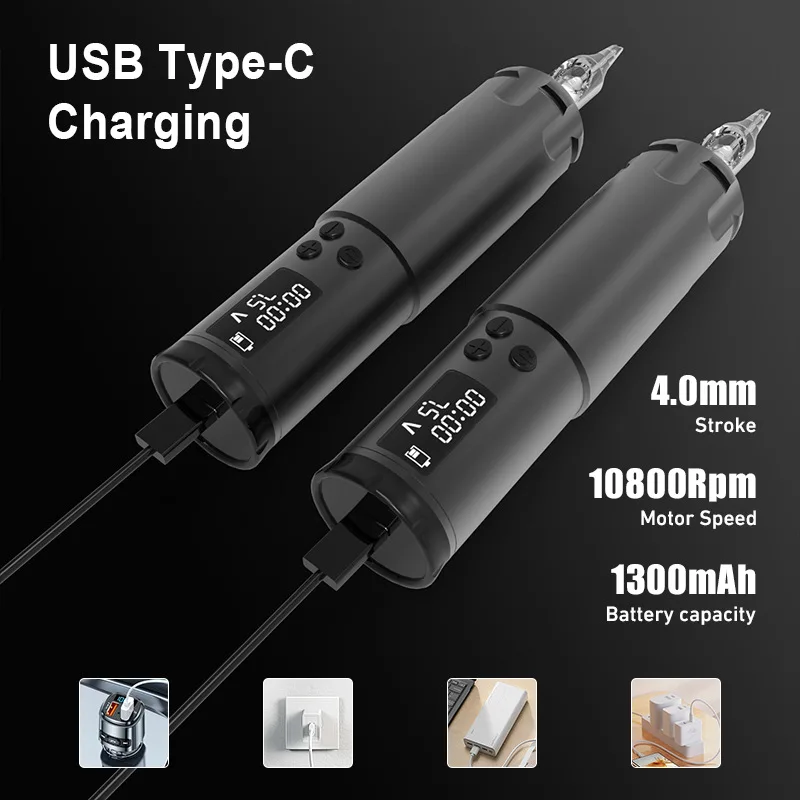 Stroke 4.0mm Tattoo Battery Pen Tattoo Machine Portable Wireless Power Supply Charging 1300mAh Tattoo Pen LED Display Screen