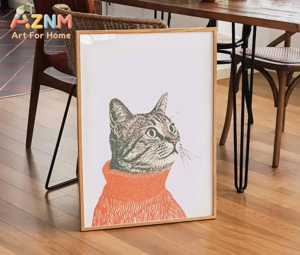 AZNM Tabby Cat In Orange Sweater Canvas Wall Art Retro Linocut Style Cat Portrait Frameless Print Poster for Home Wall Decor